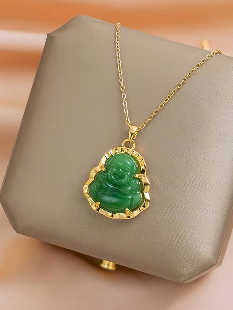 Green  Collar  Titanium Steel   Embellished   Women Fashion Jewelry Buddha Pendant Necklace, Jade Buddha, Necklace Luxury, Buddha Pendant, Green Gifts, Green Jade, Moon Pendant, Stainless Steel Rings, Stainless Steel Necklace