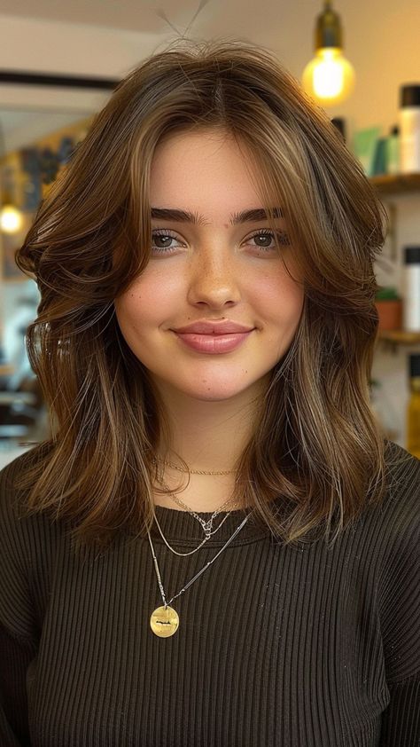 Elegant Enhancers: 25 Slimming Hairstyles for Round Faces Shaping Round Face Hair, Shoulder Length Hair Circle Face, Face Framing Layers Medium Round Face, Face Framing Layers Short Hair Wavy, Face Framing Round Layers, Round Big Face Haircuts, Face Opening Haircuts, Round Faces With Short Hair, Short Hair With Long Layers And Face Framing