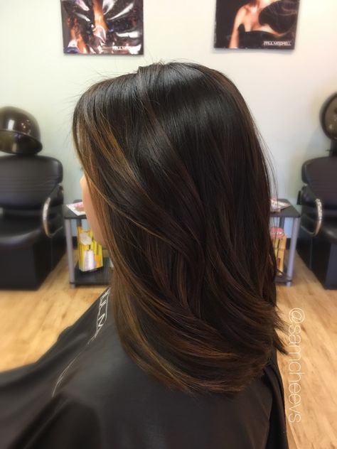 Balayage for dark hair // brown highlights for black hair // Asian - Indian - ethnic hair types // Instagram @samcheevs Black Hair Ombre Balayage Dark Brown, Balayage For Dark Brown Hair Straight Medium, Best Highlights For Black Hair Short, Dark Brown Ombre Hair Medium, Highlits For Black Hair, Short Hair Lowlights, Dark Hair Highlights And Lowlights, Black Hair Lowlights, Light Brown Hair With Lowlights