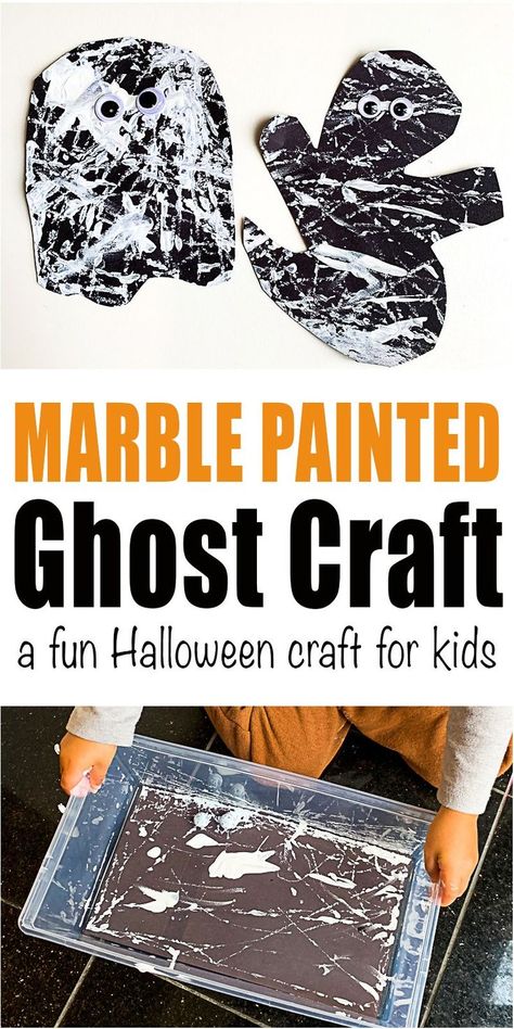 Marble Painted Ghost Craft - HAPPY TODDLER PLAYTIME Here is a fun and super easy Halloween craft for high energy toddlers and preschoolers! Paint a spooky ghost using marbles! #halloweenactivities #toddleractivities #kidsactivities #kidscrafts Halloween Ghost Craft, Painted Ghost, Ghost Craft, Easy Halloween Craft, Friendship Group, Ghost Crafts, Infant Classroom, Fun Halloween Crafts, Black Construction Paper