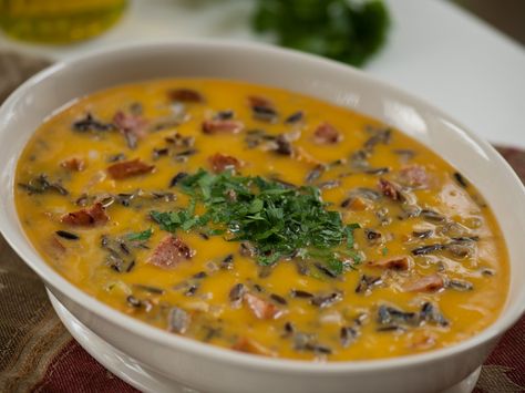 Smoked Sausage, Butternut Squash and Wild Rice Soup Recipe : Emeril Lagasse : Food Network - FoodNetwork.com Butternut Squash And Wild Rice, Munchie Ideas, Hayride Party, Sausage Squash, Sausage Butternut Squash, Soup Night, Wild Rice Soup Recipes, Rice Soup Recipes, Chicken And Butternut Squash