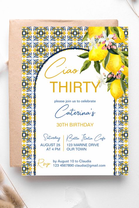 Italian themed birthday party Majolica blue and yellow tiles lemons modern arch Mediterranean party Italian Themed Party Invitations, Italian Themed Birthday Party, Italian Themed Birthday, Italy Party Theme, Capri Lemon, 60th Birthday Theme, Mediterranean Party, Arch Invitation, Italian Birthday