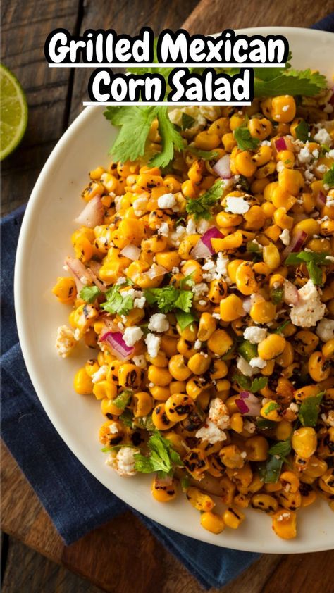 Grilled Mexican Corn Salad is a celebration of vibrant flavors and textures, showcasing the smoky sweetness of charred corn kernels combined with a medley of fresh ingredients. This refreshing salad features grilled corn tossed with creamy avocado chunks, juicy cherry tomatoes, crisp red onions, and fragrant cilantro, all dressed in a tangy lime vinaigrette with a hint of chili powder for a subtle kick. Cilantro Lime Corn Salad, Grilled Mexican Corn, Avocado Chunks, Charred Corn Salad, Chili Lime Corn, Mexican Corn Salad, Charred Corn, Work Recipes, Cherry Tomato Salad