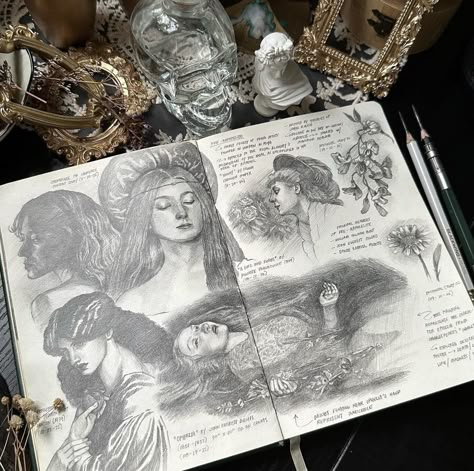 Pencil Sketchbook, Sketchbook Drawings, Sketchbook Art Journal, Artist Aesthetic, Pre Raphaelite, Art Diary, Sketchbook Inspiration, Realistic Art, Ink Illustrations