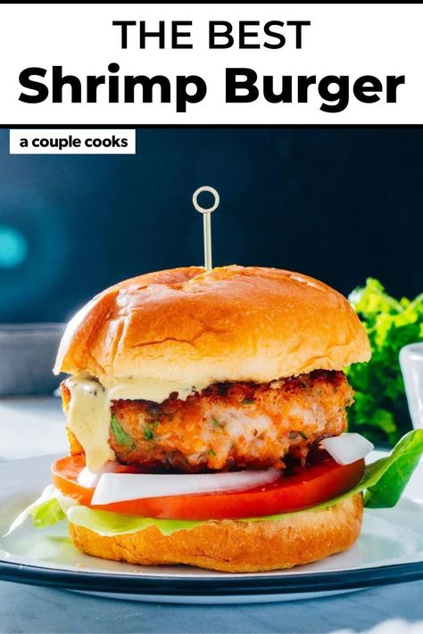 This shrimp burger recipe is juicy and so satisfying! Throw it on a bun with a creamy sauce or serve over greens for a tasty meal. Pop over to our site for the recipe! Shrimp Burger Recipe, Vegan Brunch Recipes, Shrimp Burger, On A Bun, Winter Salad Recipes, Salad Dressing Recipes Healthy, A Couple Cooks, Healthy Burger, 2024 Recipes