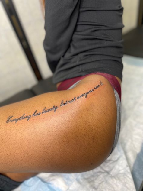 Script tattoo on thigh Thigh Script Tattoo, Small Thigh Tattoos, Thigh Tattoo Quotes, Tattoo On Thigh, Small Girly Tattoos, Script Tattoo, Pretty Tattoos For Women, Leg Tattoos Women, Thigh Tattoos