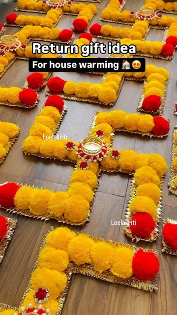 Swastik Decoration Ideas, House Warming Return Gift Ideas Indian, Return Gift Ideas, Gifts For Housewarming, Return Gift, Unique Houses, T Lights, Rangoli Design, Diwali Decorations