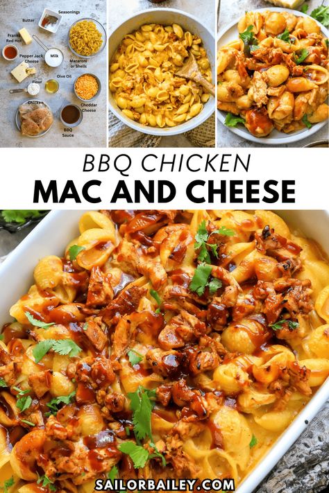 Two favorites all baked into one delicious casserole style meal. BBQ Chicken Mac and Cheese is a family favorite. It makes for a great side dish or meal.    via @sailor_bailey Bbq Chicken Lunch Ideas, Pasta Meal Prep Lunch, Mac And Cheese With Bbq Chicken, Barbecue Chicken Mac And Cheese, Chicken And Mac And Cheese Recipes, Bbq Chicken Mac N Cheese, Mac And Cheese Bowls With Chicken, Mac And Cheese Lunch Ideas, Meal Prep Mac And Cheese