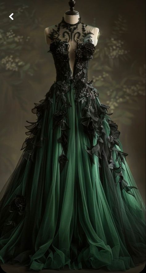 Green Steampunk Dress, Black Green Wedding Dress, Deep Green Wedding Dress, Black And Green Wedding Dresses, Green Witch Wedding, Green Masquerade Dress, Green And Black Wedding Dress, Black And Green Wedding Dress, Green Gothic Dress