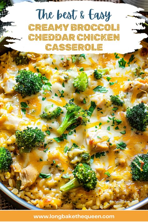 Dive into comfort with this Creamy Broccoli Cheddar Chicken Casserole! It's packed with tender chicken, fresh broccoli, and loads of melty cheddar cheese, all nestled in a creamy rice base. Perfect for a cozy family dinner, it's easy to make and even easier to love. Ready in just an hour, it's ideal for busy weeknights. Want to make dinner unforgettable? Pin this recipe now and give it a try tonight! Creamy Chicken With Broccoli Recipes, Chicken Broccoli Rice Cheese Casserole Baked, White Rice Dinner Ideas, Broccoli Chicken Rice Casserole With Rotisserie Chicken, Broccoli Cheese Chicken Rice Casserole, Cheesy Chicken Rice Broccoli Casserole, Chicken Broccoli Rice Cheese Casserole Easy Cream Of Chicken Recipes, Cheddar Broccoli Chicken And Rice, Chicken Broccoli Casserole Easy