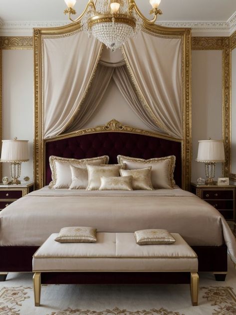 Royal Bedroom Aesthetic, Burgundy Bedroom Ideas, Gold Bed Frame, Burgundy Bedroom, French Style Bedroom, Royal Bedroom, Plush Rugs, Dream Master, Gold Framed Mirror