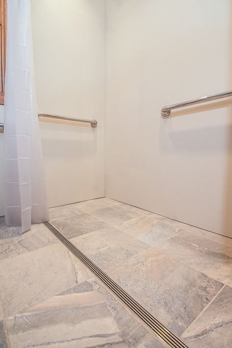 No Lip Showers, Barrier Free Shower Ideas, Zero Edge Shower Floor, Wheelchair Accessible Laundry Room, Roll In Showers Small Bathroom, Shower Remodel For Seniors, Wheelchair Accessible Shower Ideas, No Threshold Showers, Ada Bathroom Design Floor Plans