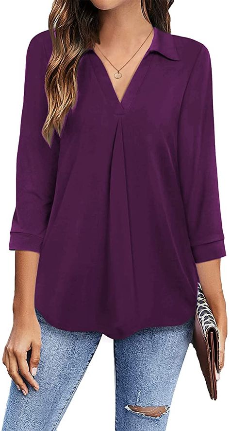 Newchoice Cute Shirts for Women, V Neck 3/4 Sleeve Blouses Classy Lightweight Loose Casual Tunic Tops (Black, L) at Amazon Women’s Clothing store Long Sleeve Denim Jacket, Long Sleeve Workout, Tank Top Camisole, Collar Designs, Loose Blouse, Heat Styling Products, Casual Tank Tops, Collar Blouse, Short En Jean