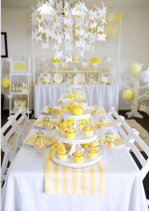 Yellow and white high tea theme Baby Shower Cake Table, Sunshine Theme, Cake Display Table, Parties Decorations, Party Table Centerpieces, Tea Decor, Yellow Party, Book Theme, Yellow Birthday