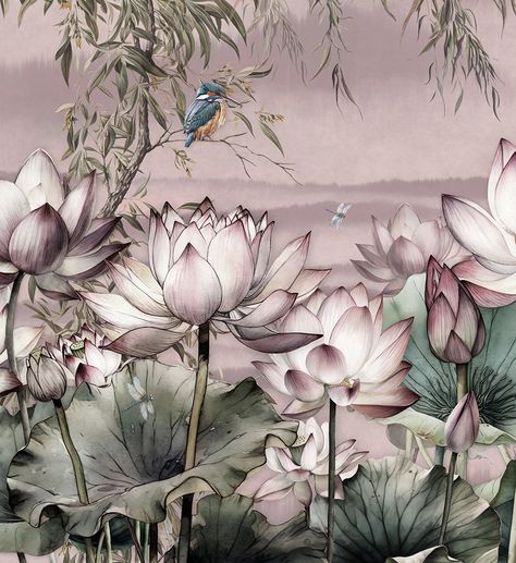 Wallpaper for wall pattern landscape of lotus flower with kingfisher with pink background System Wallpaper, Wallpaper For Wall, Pattern Landscape, Nursery Mural, Side Table Decor, Tropical Wallpaper, Wallpaper Pattern, Bathroom Wallpaper, Beige Background