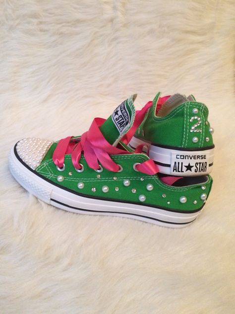 Alpha Kappa Alpha Converse All Star Pink And Green Bling Converse, Aka Sneakers, Aka Shoes, Pearl Converse, Aka Fashion, Alpha Kappa Alpha Paraphernalia, Customize Shoes, Alpha Kappa Alpha Sorority Paraphernalia, Aka Sorority Gifts