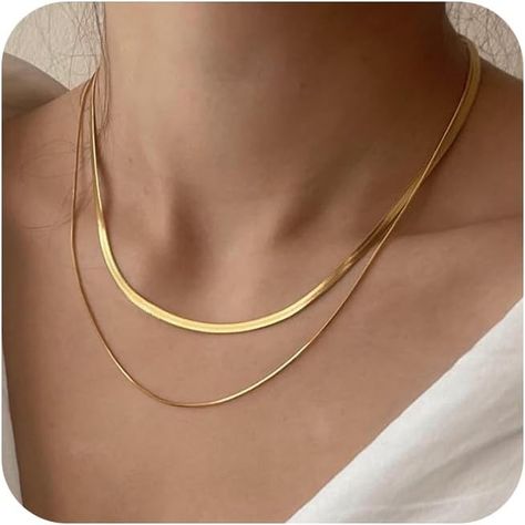 Amazon.com: Tewiky 14k Gold Plated Herringbone Layered Necklace Set - Dainty Chain Choker for Women and Women: Clothing, Shoes & Jewelry Gold Necklace Set Design, Herringbone Jewelry, Gold Chain Women, Gold Herringbone Necklace, Chain Necklace Women, Flat Snake Chain, Chain Watch, Gold Snake Chain, Dainty Necklaces