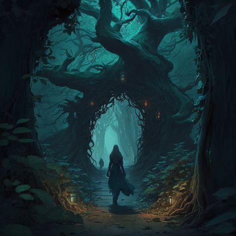 Mysterious Forest Art, Dark Fantasy Tree Art, Underground Forest Fantasy Art, Dark Fantasy Forest Aesthetic, Dark Fantasy Forest Art, Dark Enchanted Forest Aesthetic, Dark Magical Forest Aesthetic, Fantasy Forest Drawing, Dark Forest Aesthetic Night