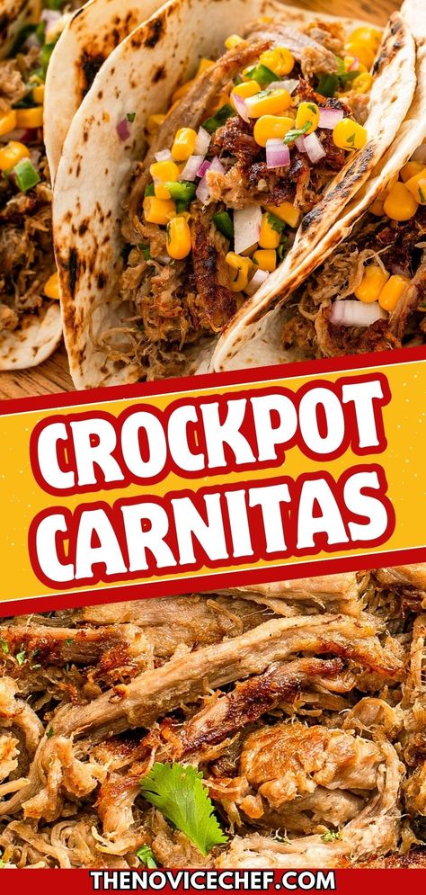 This juicy slow cooker carnitas recipe is made easy with just 5 ingredients! Tender pork roast is slow cooked in a spicy tomatillo salsa and tangy mojo marinade, shredded and then crisped up in a skillet to make the best carnitas tacos. Tender Pork Roast, Crockpot Carnitas Recipes, Carnitas Recipes, Best Carnitas, Pork Tacos Crockpot, Carnitas Crockpot, Crockpot Carnitas, Mojo Marinade, Slow Cooker Carnitas