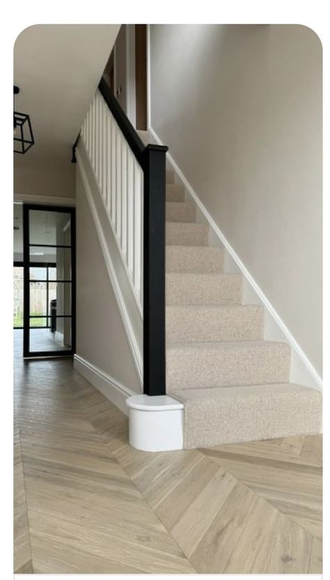 Neutral Hallway And Stairs, Charcoal Bannister, Black And Neutral Staircase, Grey Handrail Stairs, Light Grey Staircase, Greige Hallway Ideas, 1930s House Interior Hallway, Stairs With Paneling, Egyptian Cotton And Black Hallway