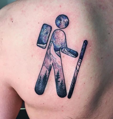 Outdoors Tattoo For Men, Shovel Tattoo, Nh Tattoo, Gunslinger Tattoo, Alpha Tattoo, Arm Tattoos With Meaning, Night Sky Tattoos, Henna Fun, Camping Tattoo