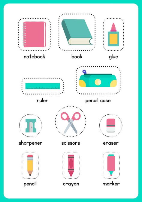 My School Bag - School Supplies (Classroom Objects) Cut and Paste Worksheet - Templates by Canva School Objects, Classroom Objects, Preschool Charts, School Suplies, English Learning Books, English Teaching Materials, English Activities For Kids, Learning English For Kids, Learning Abc