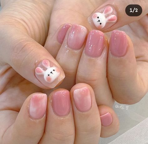 Nail Art Bunny, Rabbit Nails, Rabbit Nail Art, Nails Tay, Bunny Nails, Nail Painting, Asian Nails, Short Gel Nails, Beauty Nails Design