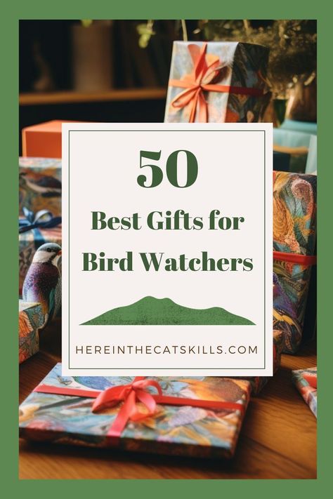 Gifts with bird-themed wrapping paper for birders with text reading: "50 Best Gifts for Bird Watchers" Bird Feeder Gift Basket Ideas, Gifts For Birders, Bird Lovers Gift Ideas, Birding Tips, Bird Feeder Gift, Gifts For Bird Lovers, Theme Baskets, Best Bird Feeders, Bird Watching Gifts