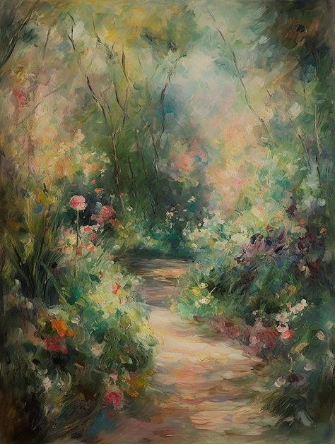 "\"A summer morning walk\" Bring the beauty of the French countryside into your home with this painting of a mysterious garden path in summer. This is a lovely Impressionist piece that would fit with both traditional and modern interiors.  DIGITAL FILE: Please note this is a digital painting and no physical product will be shipped. Once you have purchased your artwork, you will receive a confirmation email from Etsy with a download link. You can also access your downloads at any time under Purch Impressionist Digital Art, Vintage Paintings Aesthetic, Vintage Painting Ideas, French Countryside Aesthetic, Flower Garden Painting, Impressionist Paintings Landscape, Cool Digital Art, Gardening Painting, Path Art