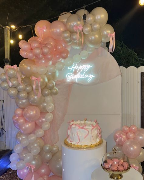 Embracing the bow life 🎀 Obsessed with how this decoration turned out 😍 during the day | during night time #balloons #birthdaypartyballoondecor #miamidecorations #coquetteaesthetic #coquettebirthdayparty #bowballoons #pearlsballoons #girlbirthdayparty #pinkballoongarland Birthday Ideas For Sweet 16, Pink Bow Balloons, Pink Birthday Balloons Decoration, Coquette Decorations Party, 17 Birthday Ideas Decoration, Coquette Bday Theme, Birthday Bow Theme, 23 Birthday Ideas Theme, Bow Birthday Decor