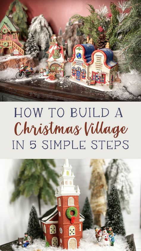 How To Display Christmas Village Ideas, Dept 56 Dickens Village Display Ideas, Small Christmas Village Display Ideas, Small Christmas Village Display Ideas Diy, Small Christmas Village Display, Small Christmas Village, Dickens Village Display, Diy Christmas Village Platform, Christmas Village Display Ideas Diy