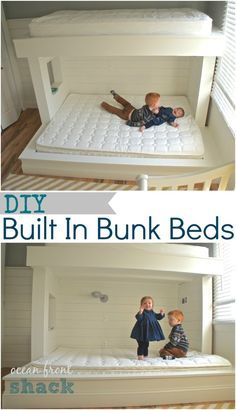 Beautiful DIY wood planked built in bunk beds painted in Benjamin Moore White Dove, lots of great step by step photos of construction on blog Built In Bunk Beds, Bed With Stairs, Modern Bunk Beds, Bunk Beds Built In, Natural Bed, Built In Bunks, Bunk Rooms, Benjamin Moore White, Bed Parts