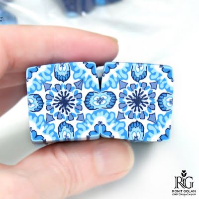 Polymer Clay Tiles How To Make, Polymer Clay Tile Earrings, Clay Cutlery, Polymer Clay Tiles, Polymer Cane, Polymer Clay Beads Diy, Blue And White Tile, Polymer Clay Cane Tutorial, Clay Cane