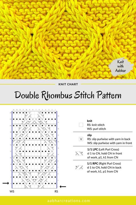 free knitting pattern instruction and free printable knitting chart for Double Rhombus Stitch knitting pattern from aabharcreations Textured Knit Pattern, Knit Cable Stitches, Cable Knit Stitch Patterns, Knit Lace Pattern, Knit Stitch Patterns Texture, Knit Ornament Pattern, Knit Stitch Patterns Cables, Cable Stitch Knit, Cable Knit Stitch