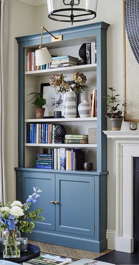 Blue Bookshelves Living Room, Navy Blue Bookshelves, Blue Book Shelf, Cottage Bookcase, Painted Bookcases, Bookshelf With Cabinet, Blue Bookshelf, Bookshelves Living Room, Blue Bookshelves