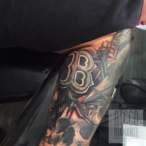 Boston Tattoos For Men, Boston Red Sox Tattoos Ideas, Boston B Tattoo, Boston Tattoo Ideas, Boston Red Sox Tattoos, Animated Tattoos, Red Sox Tattoo, Sock Tattoo, Boston Tattoo