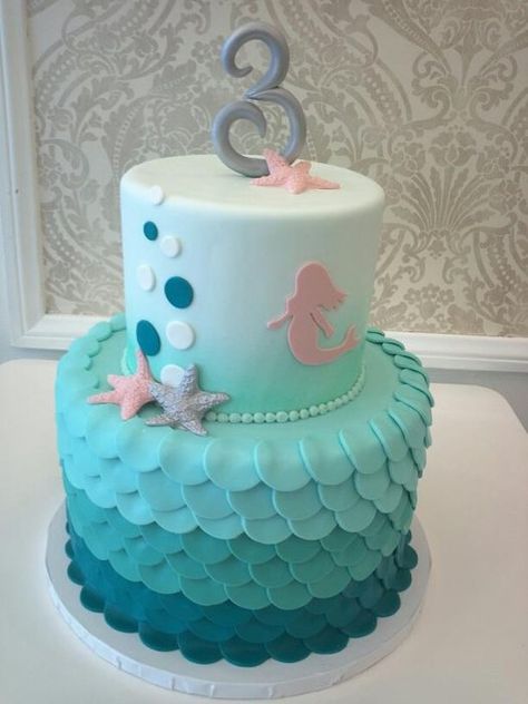 Ombre Mermaid Cake - by Nunuk @ CakesDecor.com - cake decorating website Mermaid Birthday Cakes, Sea Cakes, Mermaid Cakes, Boy Birthday Cake, Mermaid Birthday Party, Ocean Theme, Birthday Cake Kids, Girl Cakes, Mermaid Birthday