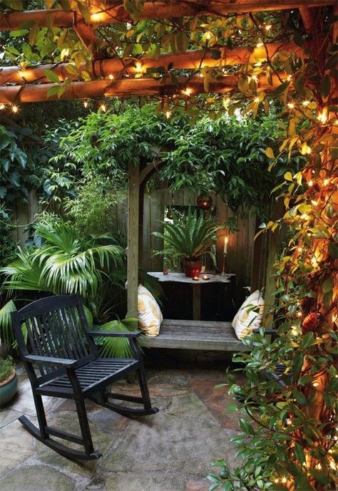 Private Garden Nook - use the lights indoors to make a cozy scene? Shed Inspiration, Romantic Backyard, Inspiring Outdoor Spaces, Desain Lanskap, Small Backyard Gardens, Modern Backyard, Have Inspiration, The Secret Garden, Small Garden Design