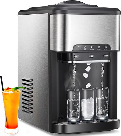 Amazon.com: Ice&Hot&Cold Countertop Water Dispenser Portable Ice Maker Machine,12 Cubes in 7 Mins 44Lbs/24H Stainless Steel Nugget Ice Maker Decor for Home Office Kitchen and Bar with Child Safety Lock : Appliances Countertop Water Dispenser, 5 Gallon Water Bottle, Hot Water Tank, Nugget Ice Maker, Gallon Water Bottle, Ice Storage, Ice Maker Machine, Portable Ice Maker, Cold Ice