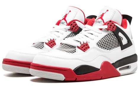 The Nike Air Jordan 4 Retro 'Fire Red' 2012 is a sneaker that's based on the classic 1989 White/Fire Red OG colorway. This updated version features a white leather upper, with Fire Red and black accents, and an icy blue outsole. The result is a sneaker that's both stylish and comfortable, perfect for everyday wear. The Sneaker also features Jumpman branding at the tongue and heel, making it a must-have for any Air Jordan fan. Air Jordan 4 Fire Red, Jordan 4 Retro Fire Red, Παπούτσια Nike Free, Buty Jordan, Jordan 4 Fire Red, Jordan 4 Red, Air Jordan Retro 4, Jordan Retro 4, White Jordans