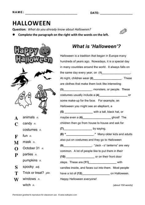 What is Halloween? Reading Gap-Fill Halloween Worksheet, Halloween Lesson, Holiday Worksheets, Halloween Reading, What Is Halloween, Halloween Worksheets, English Exercises, English Worksheets For Kids, English Lessons For Kids