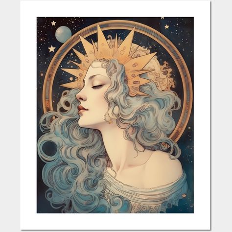 A modern interpretation of Art Nouveau style, featuring a Moon Lady -- Choose from our vast selection of art prints and posters to match with your desired size to make the perfect print or poster. Pick your favorite: Movies, TV Shows, Art, and so much more! Available in mini, small, medium, large, and extra-large depending on the design. For men, women, and children. Perfect for decoration. Art Nouveau Stars, Art Nouveau Artwork, Moon Face Art, Face Studies, Moon Lady, Art Nouveau Woman, Face Study, Vintage Moon, Cards Art