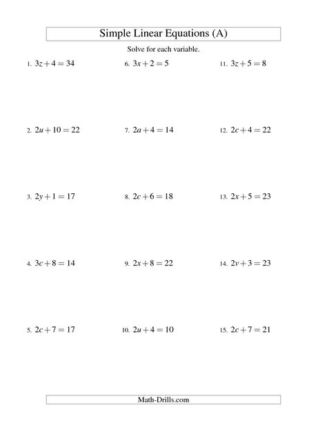 The Solving Linear Equations -- Form ax + b = c (A) math worksheet from the Algebra Worksheet page at Math-Drills.com. 10th Grade Math Worksheets, Linear Equations Worksheet, Algebra Equations Worksheets, Multi Step Equations Worksheets, 8th Grade Math Worksheets, Pre Algebra Worksheets, Literal Equations, Basic Algebra, Solving Quadratic Equations