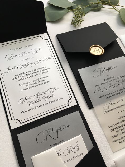 Wedding Card Black And Gold, Fancy Quince Invitations, Black And Grey Wedding Invitations, Classical Wedding Invitations, Black Wedding Invitation Cards, Black Invitations Wedding, Black Embossed Wedding Invitations, Wedding Elegant Invitations, High End Wedding Invitations