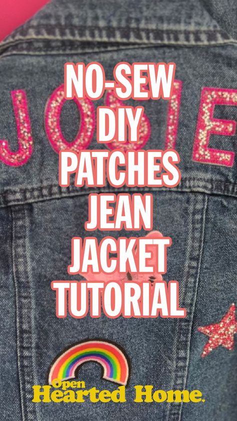 DIY Patch Jean Jacket - How To Bedazzle Jean Jacket, Jean Jacket Decorating Party, Decorating Jean Jackets Diy, Diy Patch Denim Jacket, Iron On Patches Ideas Clothes Denim, Diy Denim Jacket Patch, Diy Patch Jean Jacket, Denim Jacket With Patches Diy, Diy Patches On Jeans