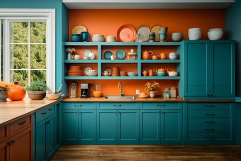 Teal Kitchen Cupboards, Turquoise Kitchen Cabinets, Red And Teal Kitchen, Coral Kitchen, Teal Cabinets, Turquoise Cabinets, Green Kitchen Walls, Orange Kitchen Decor, Wall Color Combination