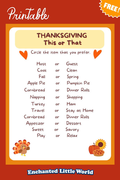 Free printable Thanksgiving This or That game for kids with fun choices like apple pie or pumpkin pie, perfect for holiday family activities Thanksgiving This Or That Game, This Or That Thanksgiving, Thanksgiving This Or That, Thanksgiving Traditions For Kids, Thanksgiving Family Games, This Or That Game, Free Printable Thanksgiving, Thanksgiving Games For Kids, Savory Treats