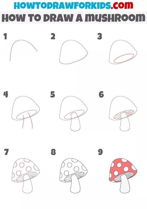 How to Draw a Mushroom Step by Step - Drawing Tutorial For Kids Mushroom Step By Step Drawing, Draw A Mushroom Easy, Painting Mushrooms Easy, Pictures Of Mushrooms To Draw, Paint Mushrooms Easy, Mushroom Tutorial Drawing, Easy Mushroom Drawing Step By Step, How To Draw A Mushroom House, Chalk Mushrooms