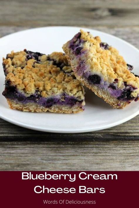 Blueberry cream cheese bars a crumble crust and top with a layer of sweet blueberries and tangy cream cheese. Easy to make and so delicious. #blueberrycreamcheesebars, #wordsofdeliciousness Blueberry Cream Cheese Crumble Bars, Blueberry Cream Cheese Oatmeal Bars, Blueberry Cream Cheese Bars Recipes, Blueberry Cream Cheese Dessert, Blueberry Cream Cheese Bars, Blueberry Cream Cheese Pie, Blueberries And Cream, Oatmeal Dessert, Cream Cheese Breakfast