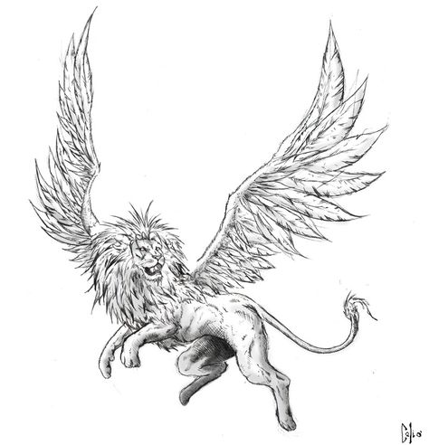 I'm thinking the body of a lion, the wings of a burning phoenix Phoenix Lion Tattoo, Lion With Wings Drawing, Winged Lion Drawing, Flying Lion Tattoo, Lion Phoenix Tattoo, Lion With Wings Tattoo, Winged Lion Tattoo, Fantasy Lion, Lion With Wings